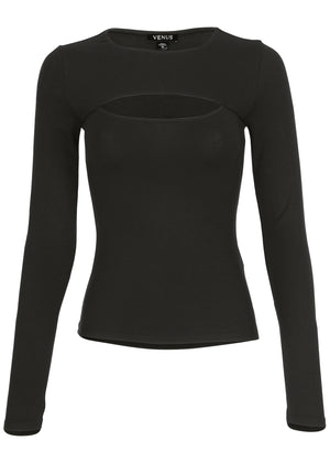 Long Sleeve Cut-Out Top - Black - thumbnail-3