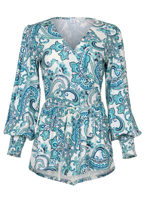 Balloon sleeve wrap front top - Blue Paisley with Border - thumbnail-3