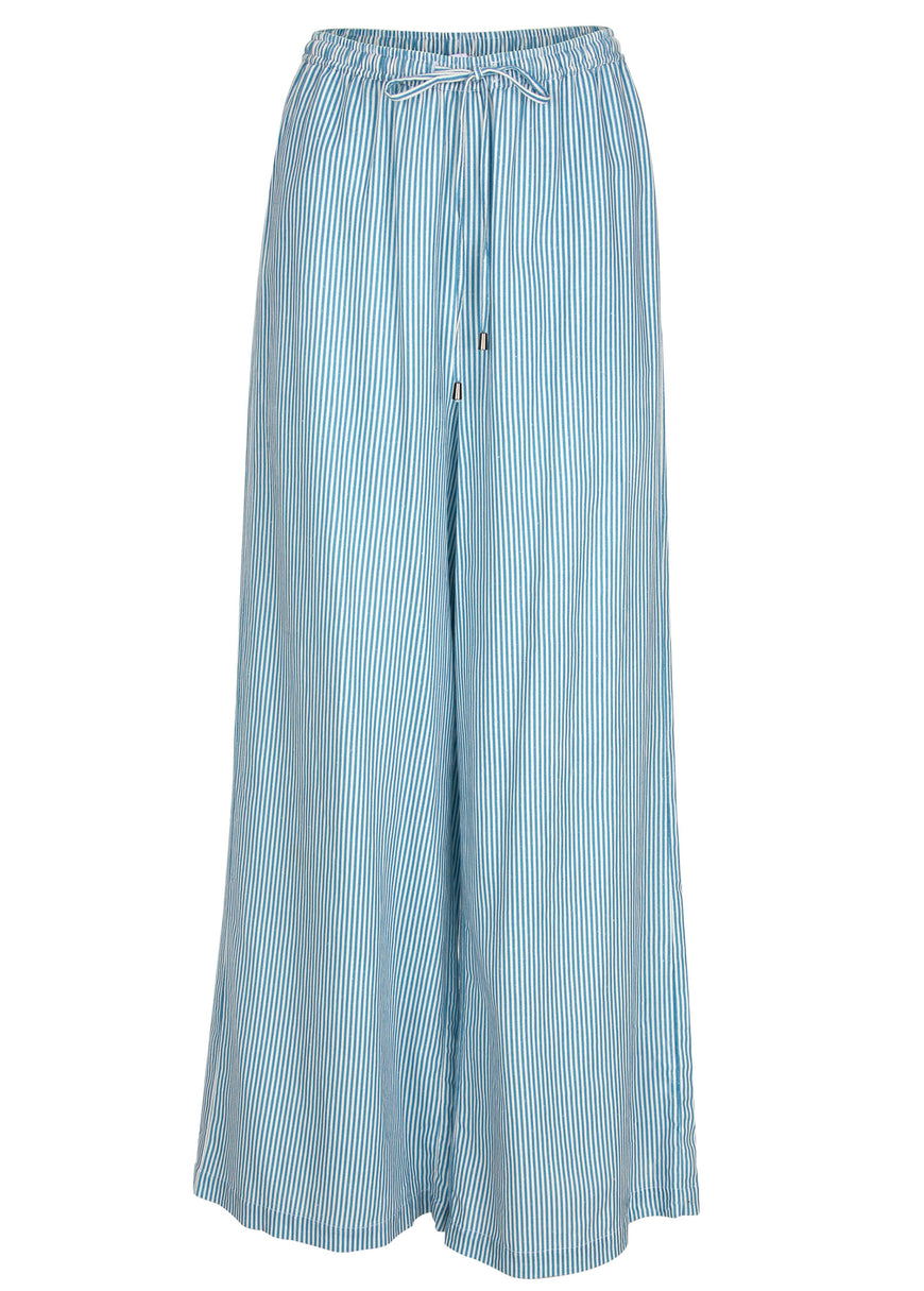 Cotton Linen Wide Leg Pants - Blue Whisper Stripe