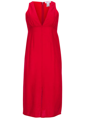 Linen deep V dress - Red - thumbnail-3