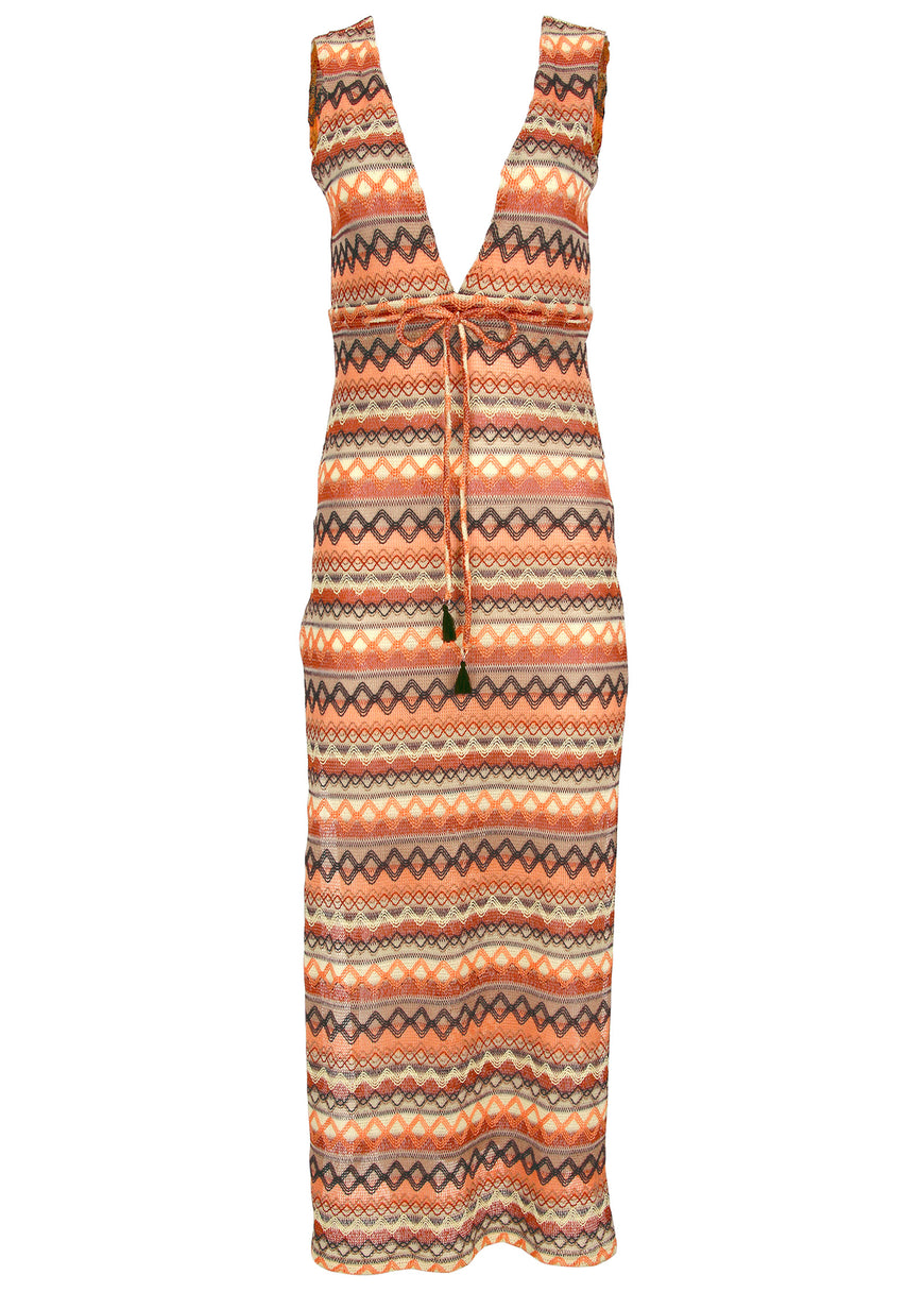 Crochet maxi cover-up dress - Tan Combo