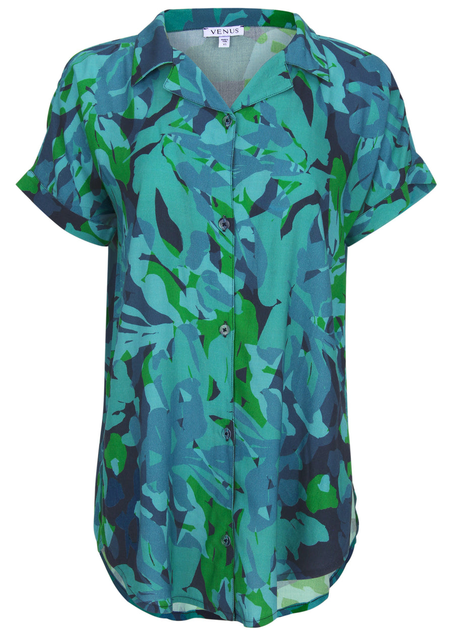 Chemise boutonnée de plage - Bleu floral du désert