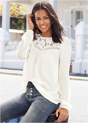 Lace Long Sleeve Top - White - thumbnail-1