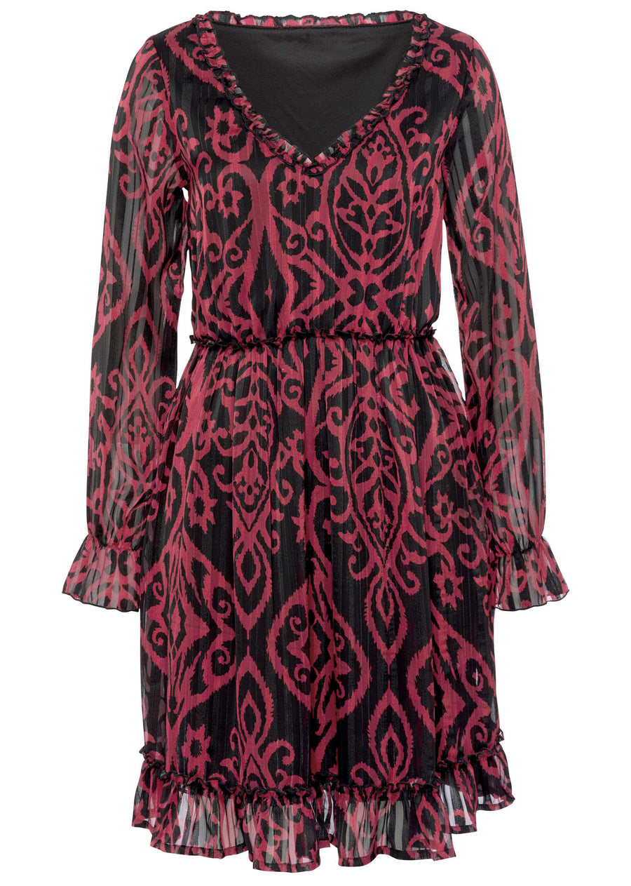 Long Sleeve V-Neck Dress - Black & Burgundy