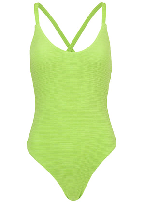 Textured High Leg One-Piece - Bright Lime Green - thumbnail-4