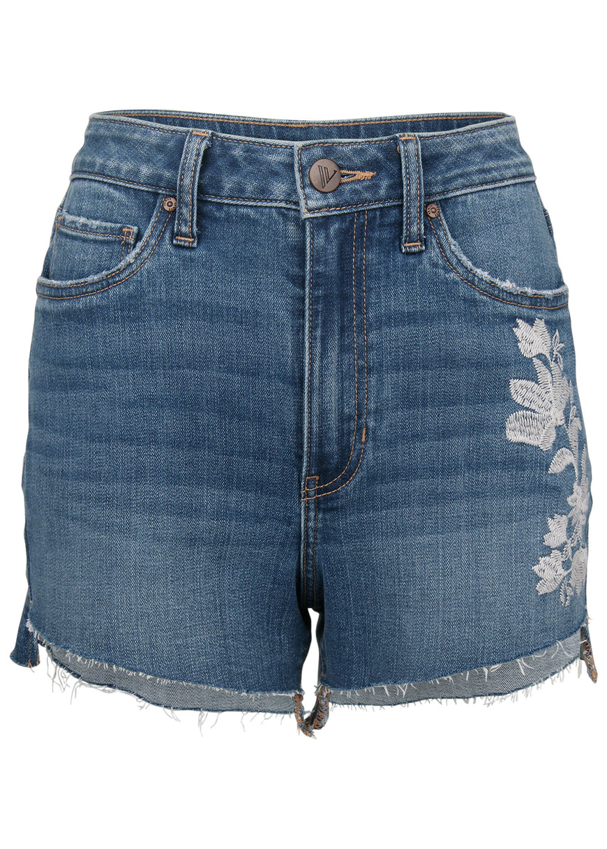 Step hem embroidered short - Medium Wash