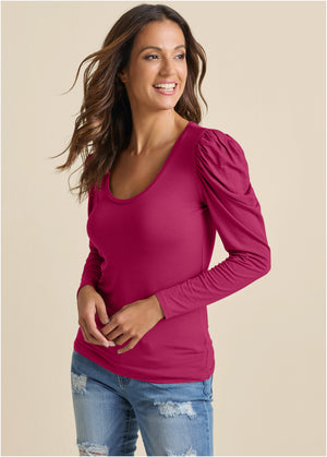 Puff Shoulder Long Sleeve Top - Vivacious - thumbnail-1