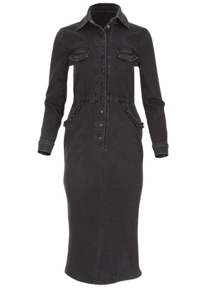 Ruffle Denim Midi Dress - Black Wash - thumbnail-4