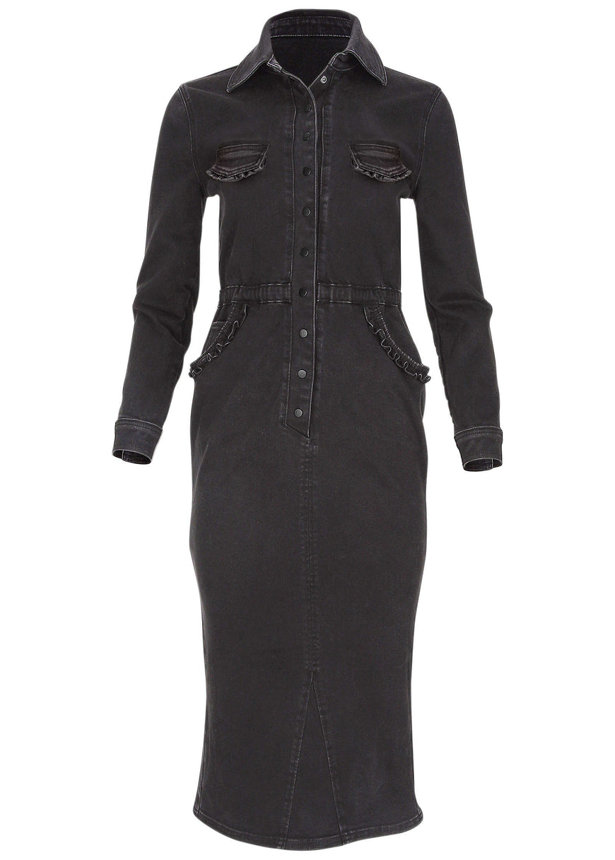 Ruffle Denim Midi Dress - Black Wash