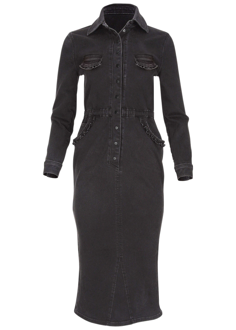 Ruffle Denim Midi Dress - Black Wash