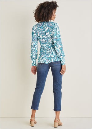 Balloon sleeve wrap front top - Blue Paisley with Border - thumbnail-2