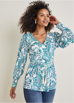 Balloon Sleeve Wrap Front Top - Blue Paisley With Border - thumbnail-4