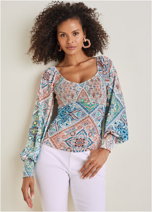 Smocked Printed Top - Boho Tile - thumbnail-1