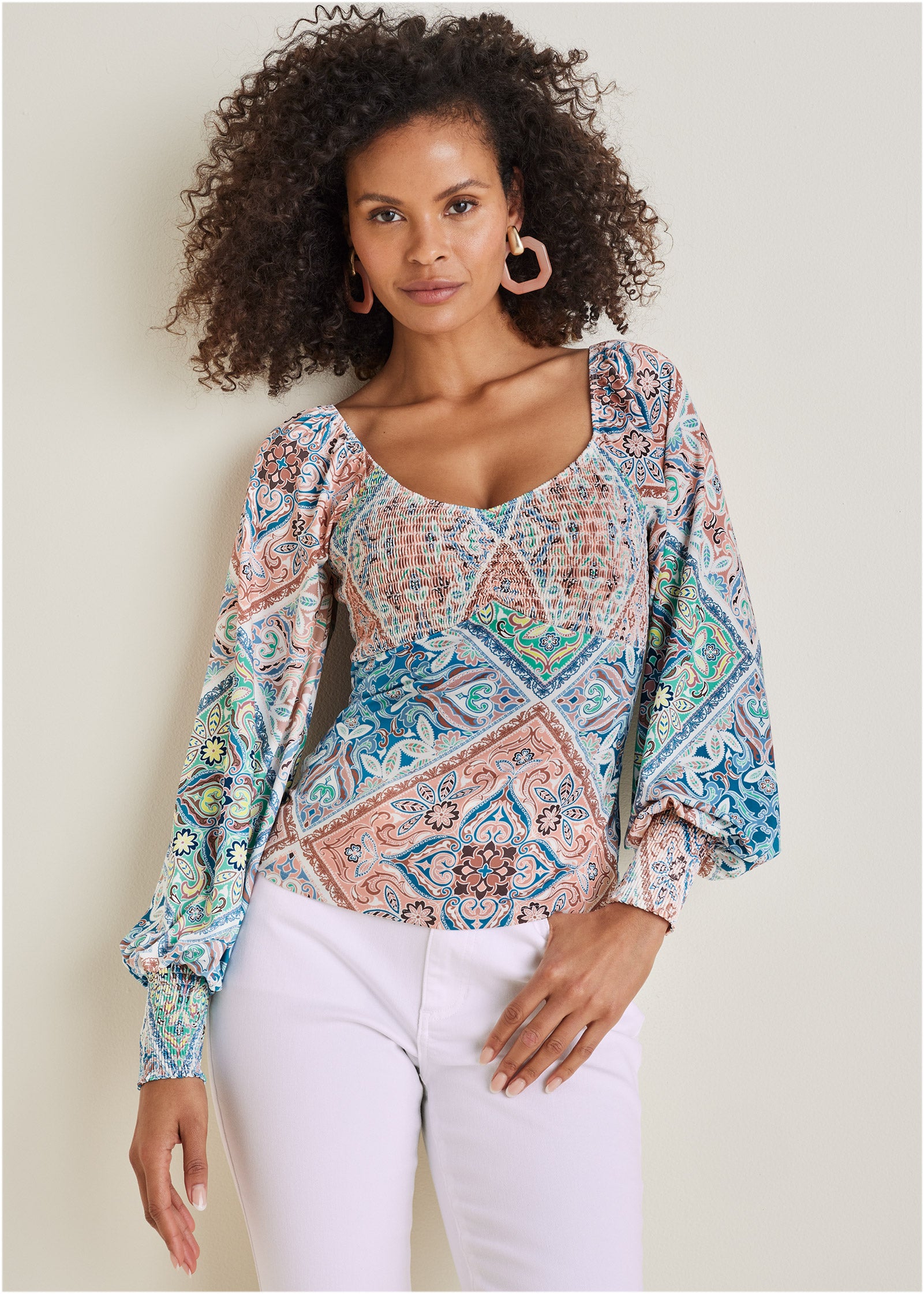 Smocked printed top - Boho Tile