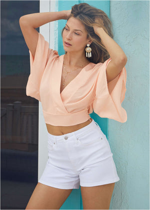 Kimono sleeve faux wrap top - Blush - thumbnail-1