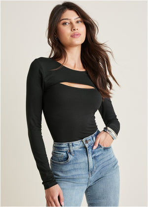 Long Sleeve Cut-Out Top - Black - thumbnail-1