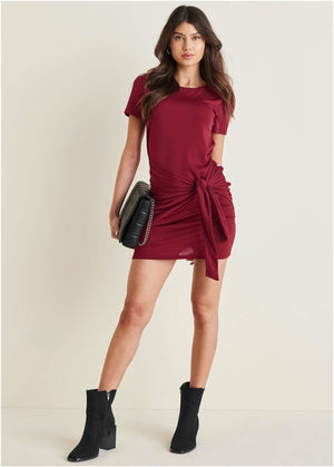 Tie Waist Detail Mini Dress - Wine - thumbnail-3