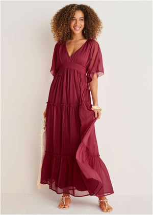 Flutter sleeve maxi dress - Wine - thumbnail-1