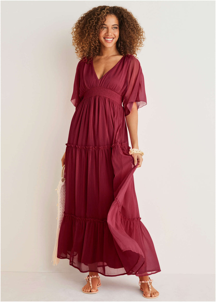 Flutter sleeve maxi dress - Wine