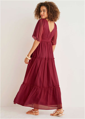 Flutter Sleeve Maxi Dress - Wine - thumbnail-2