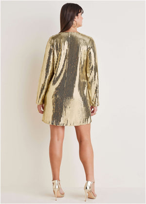 Sequin Long-Sleeve Mini Dress - Gold - thumbnail-4