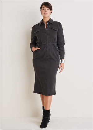 Ruffle Denim Midi Dress - Black Wash - thumbnail-6