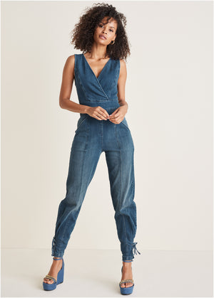 Denim Utility Jumpsuit - Medium Wash - thumbnail-1