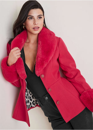 Faux Fur Trim Jacket - Barberry - thumbnail-5