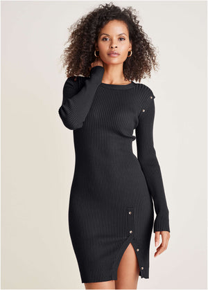 Button Detail Sweater Dress - Black - thumbnail-1