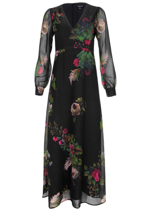 V-Neck Floral Maxi Dress - Black Multi - thumbnail-4