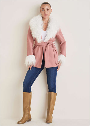 Corduroy Fur Trim Coat - Pink - thumbnail-3