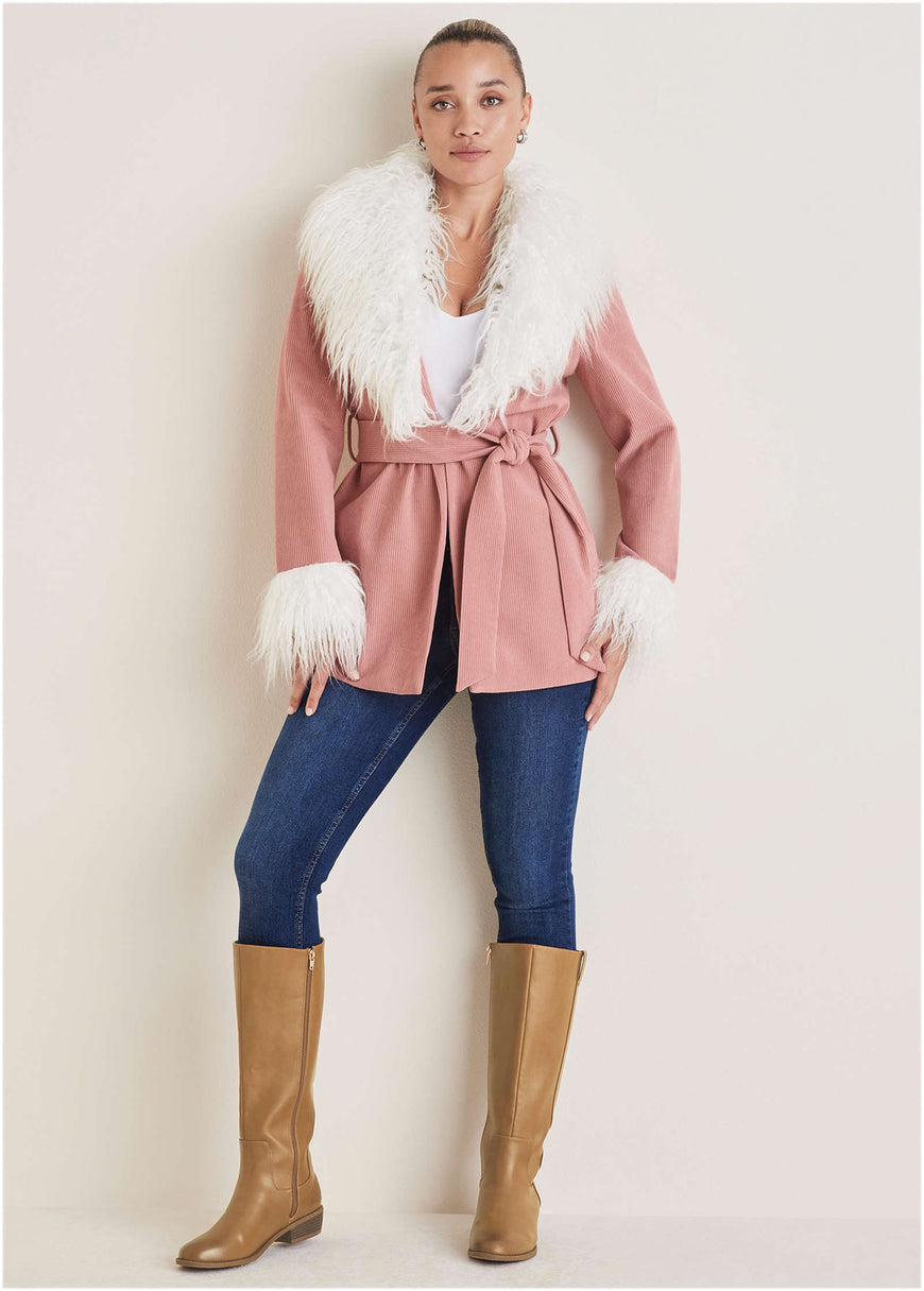 Corduroy Fur Trim Coat - Pink