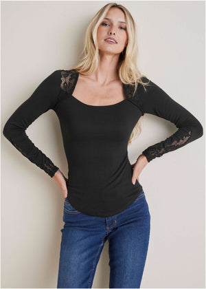 Lace Inset Long Sleeve Top - Black - thumbnail-5