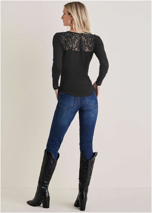 Lace Inset Long Sleeve Top - Black - thumbnail-2