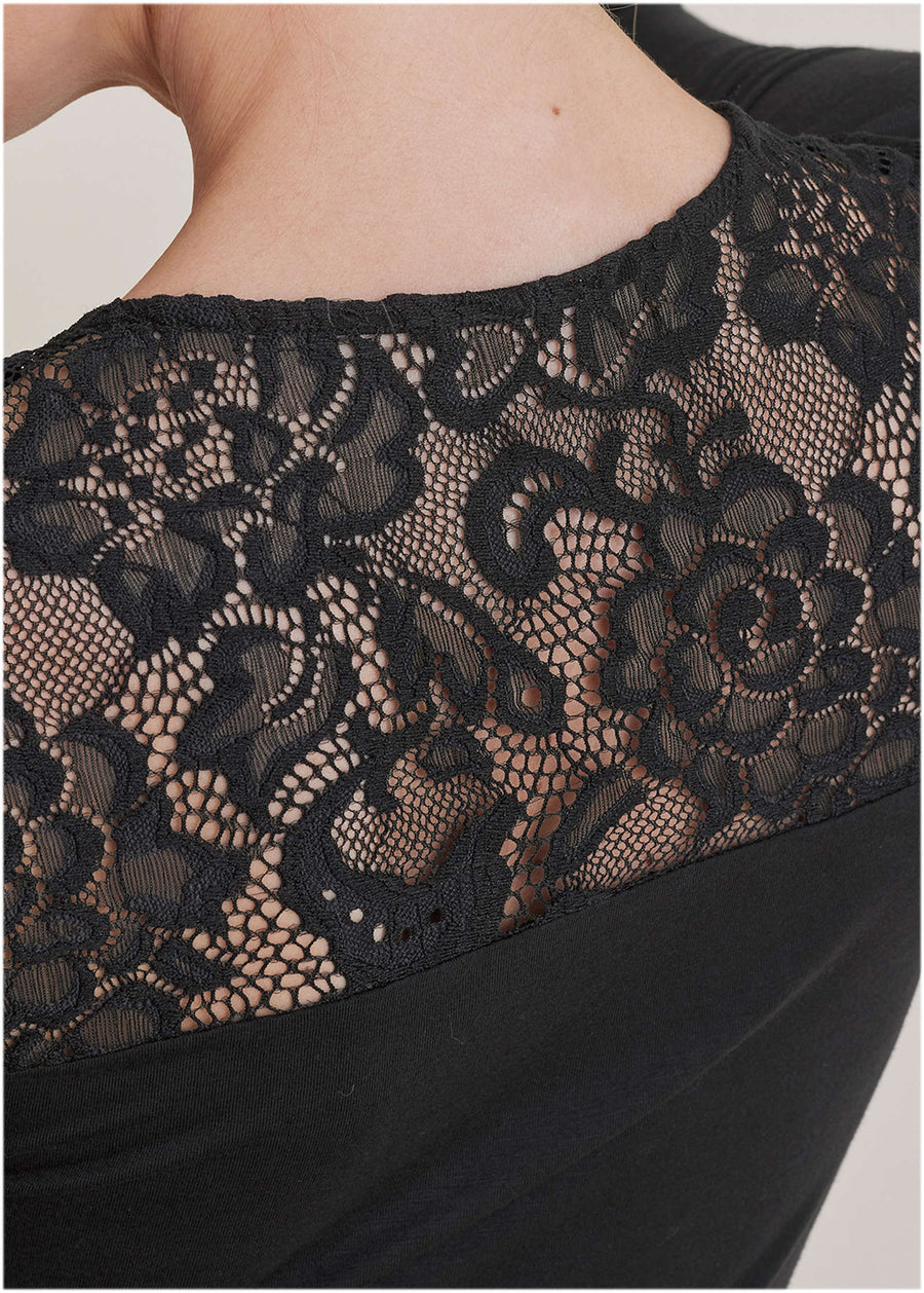 Lace Inset Long Sleeve Top - Black