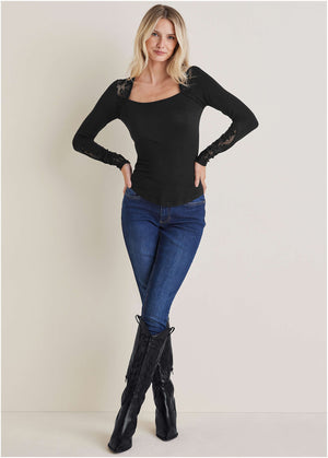 Lace Inset Long Sleeve Top - Black - thumbnail-3