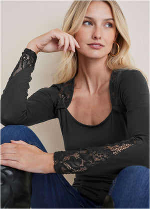 Lace Inset Long Sleeve Top - Black - thumbnail-1