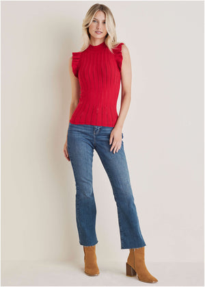 Ruffle Mock Neck Sweater - Haute Red - thumbnail-3