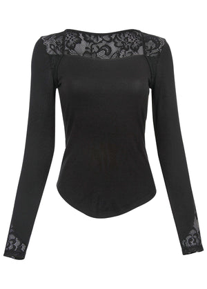 Lace Inset Long Sleeve Top - Black - thumbnail-6