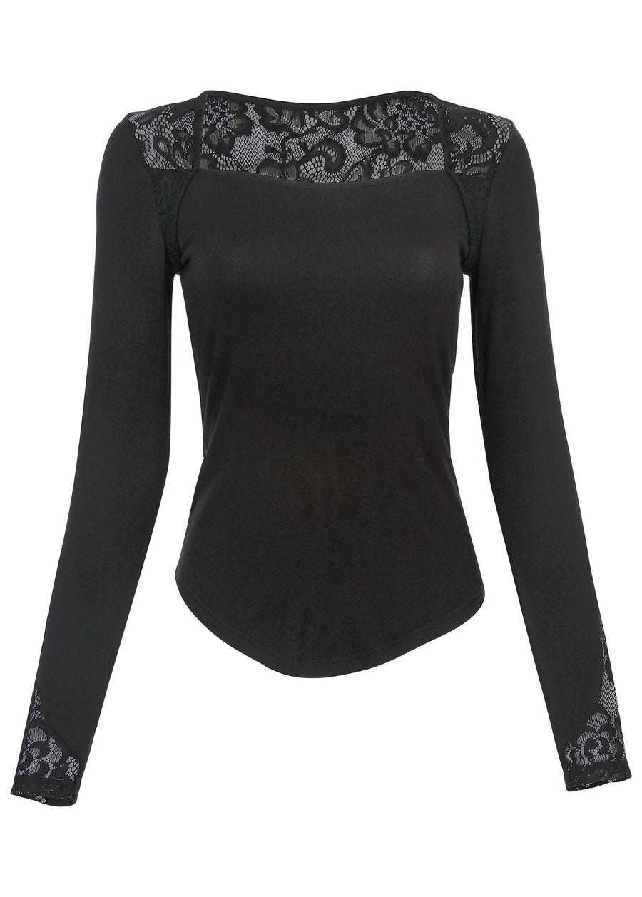 Lace Inset Long Sleeve Top - Black