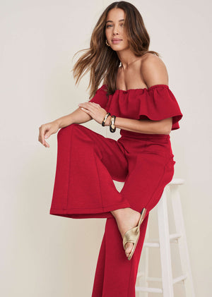 Off The Shoulder Jumpsuit - Haute Red - thumbnail-6