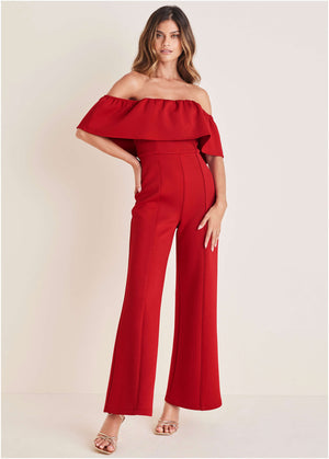 Off The Shoulder Jumpsuit - Haute Red - thumbnail-3