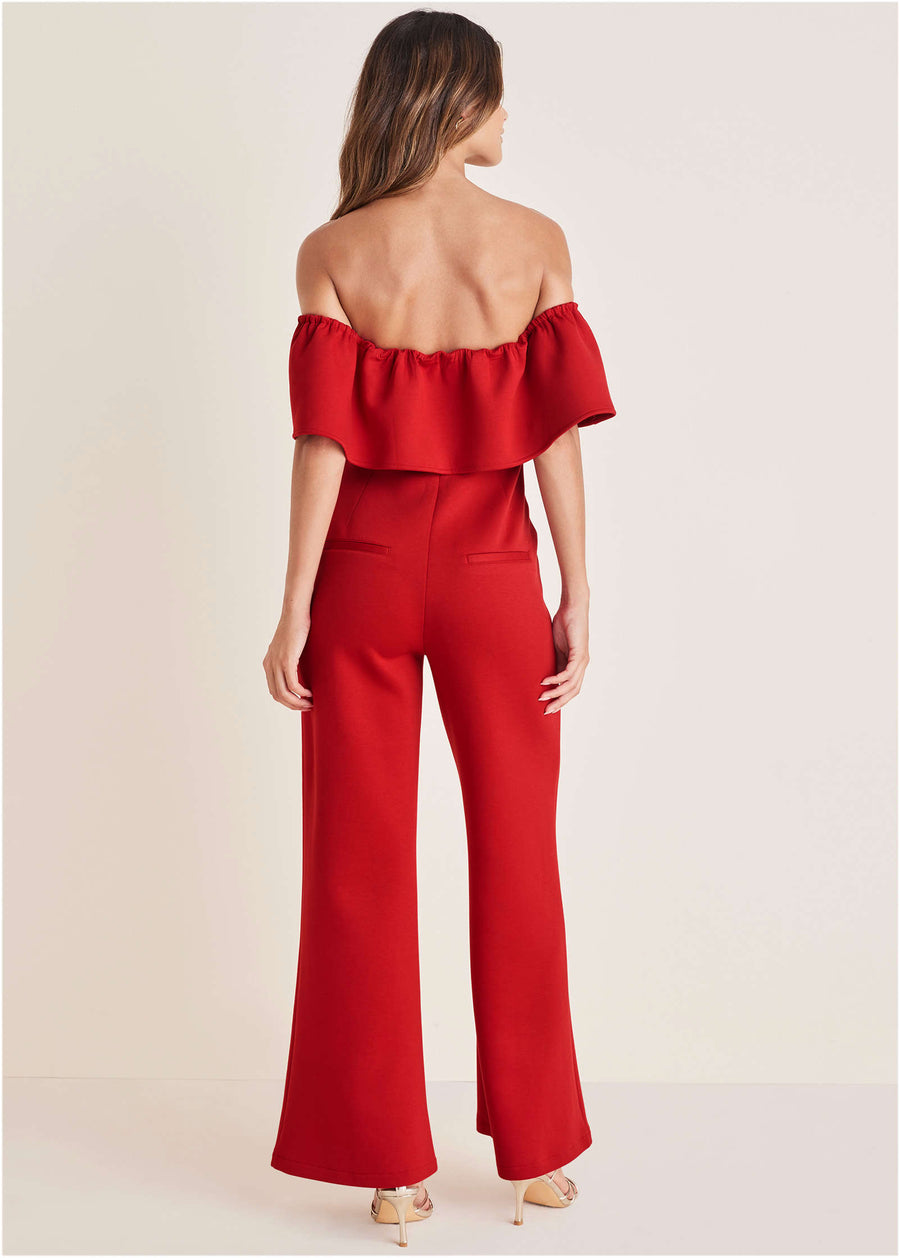 Off The Shoulder Jumpsuit - Haute Red