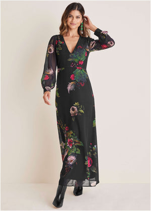 V-Neck Floral Maxi Dress - Black Multi - thumbnail-1