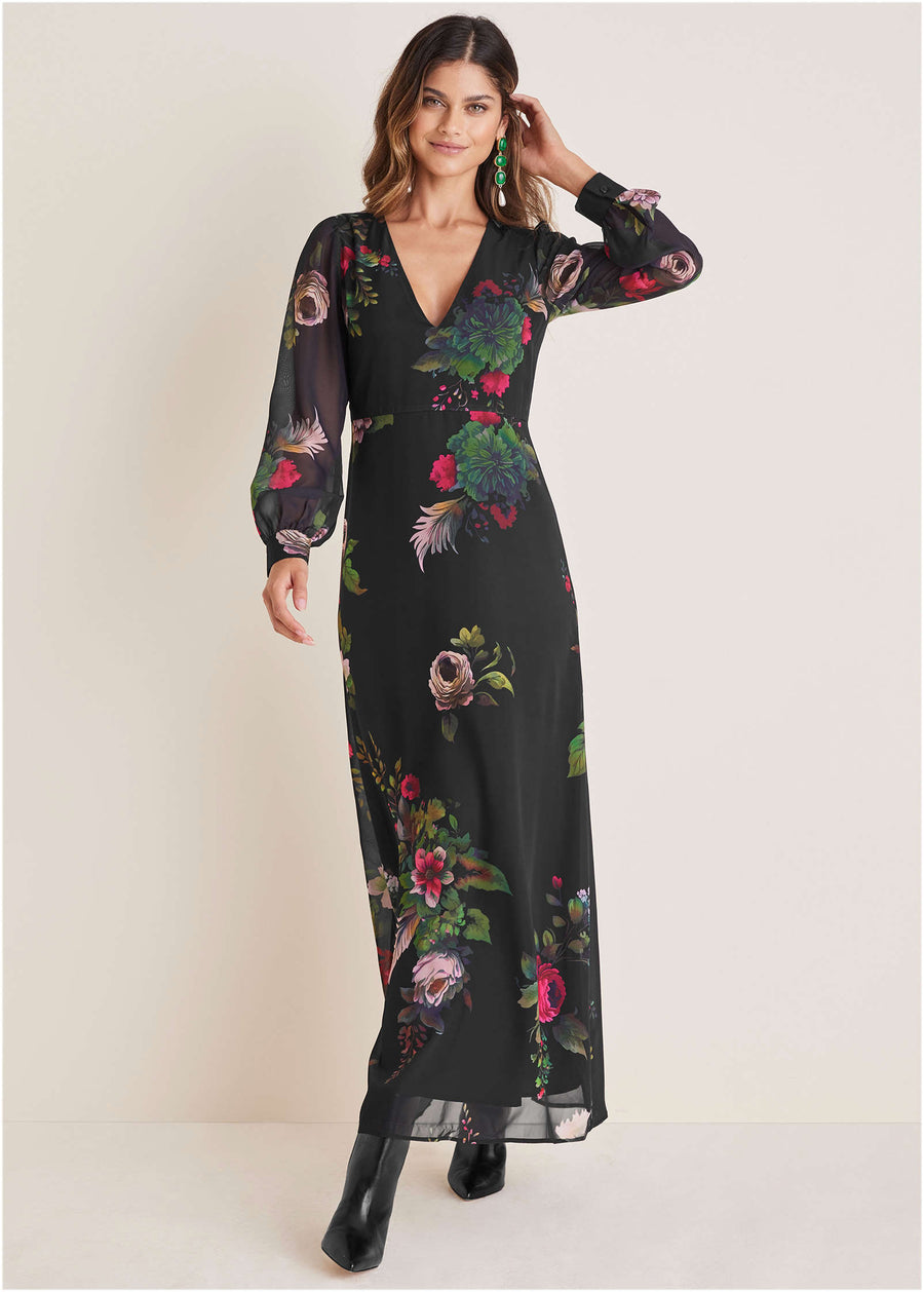 V-Neck Floral Maxi Dress - Black Multi