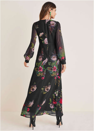 V-Neck Floral Maxi Dress - Black Multi - thumbnail-2