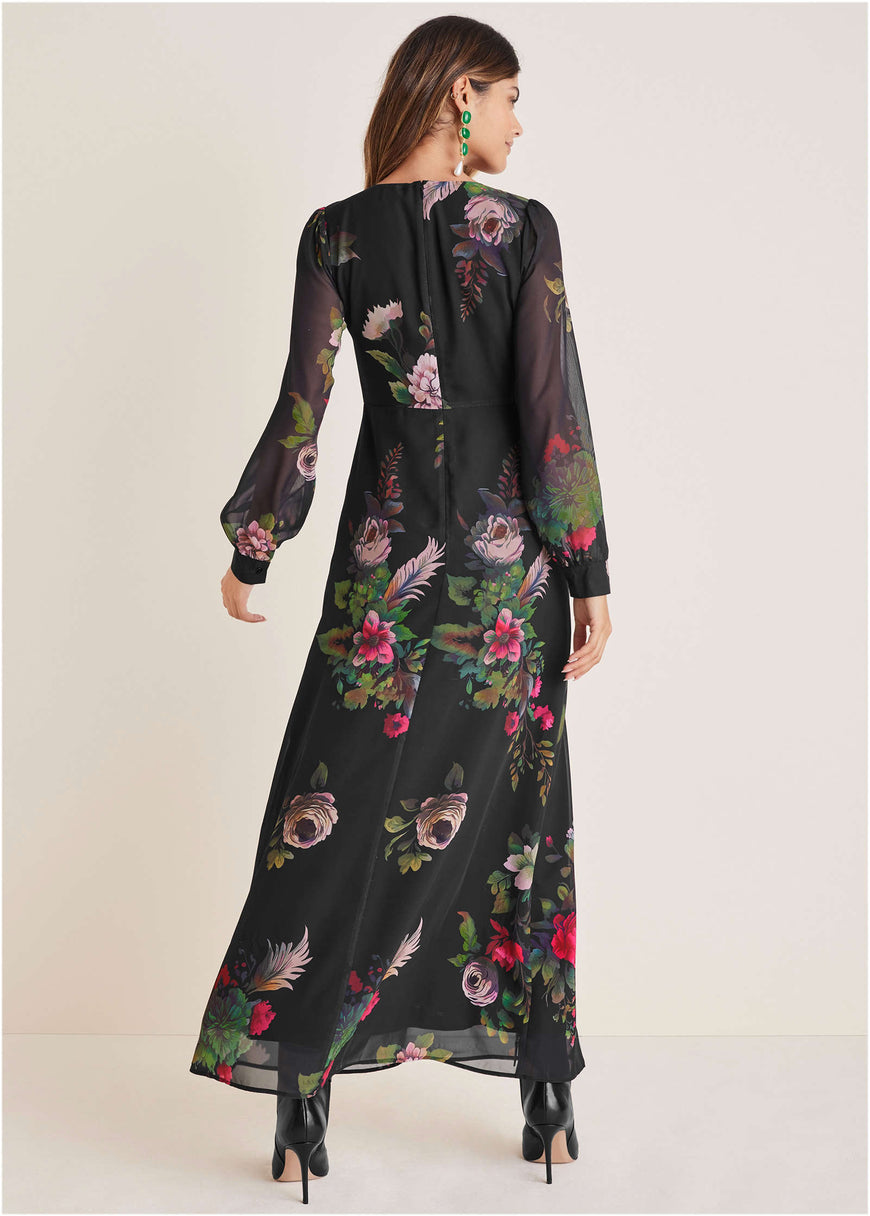 V-Neck Floral Maxi Dress - Black Multi