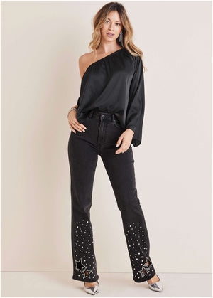 Rhinestone Embellished Jeans - Black Wash - thumbnail-1