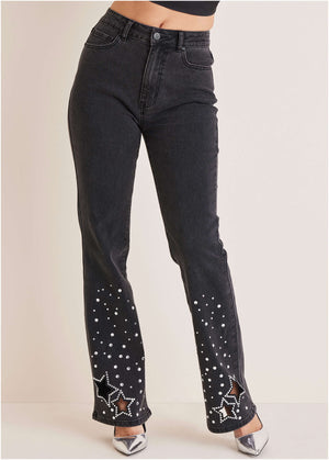 Rhinestone Embellished Jeans - Black Wash - thumbnail-2