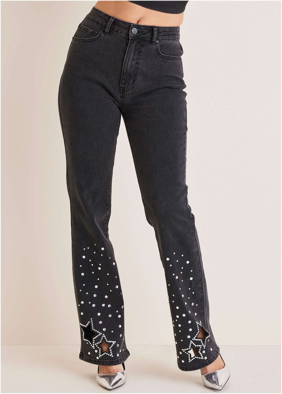 Rhinestone Embellished Jeans - Black Wash